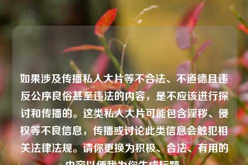 如果涉及传播私人大片等不合法、不道德且违反公序良俗甚至违法的内容，是不应该进行探讨和传播的。这类私人大片可能包含淫秽、侵权等不良信息，传播或讨论此类信息会触犯相关法律法规。请你更换为积极、合法、有用的内容以便我为你生成标题。